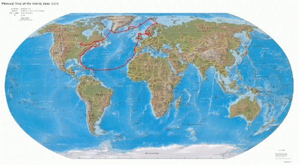 Weltkarte mit Reiseroute